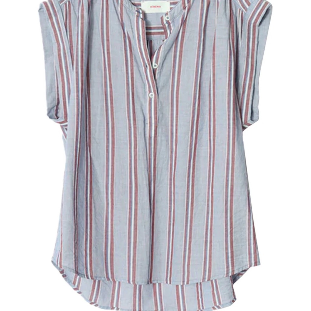 XiRENA Striped Sleeveless Button V-Neck Top in Light Blue and Rust